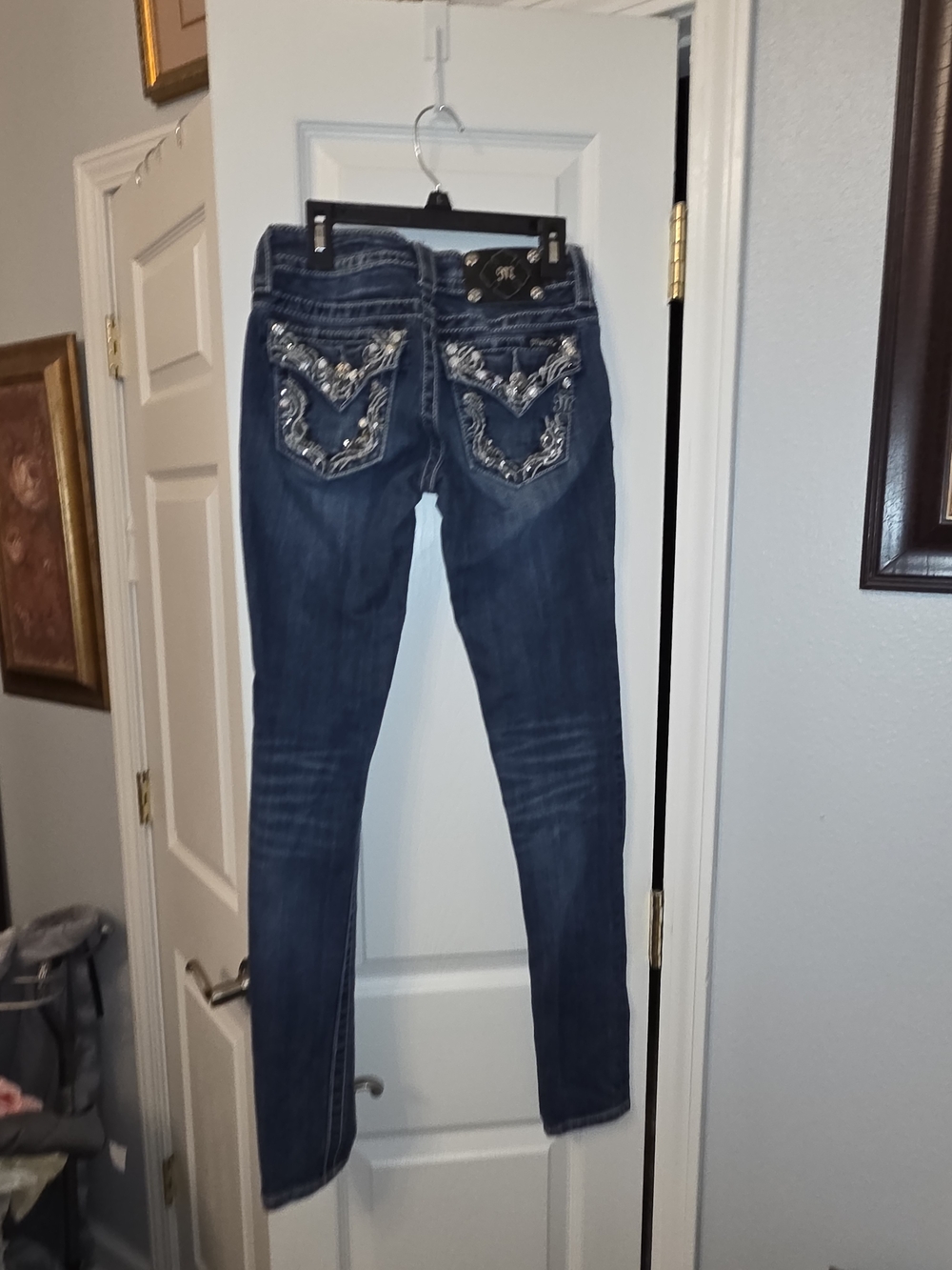 Miss Me Dark Blue Skinny Jeans with Embellished Pockets